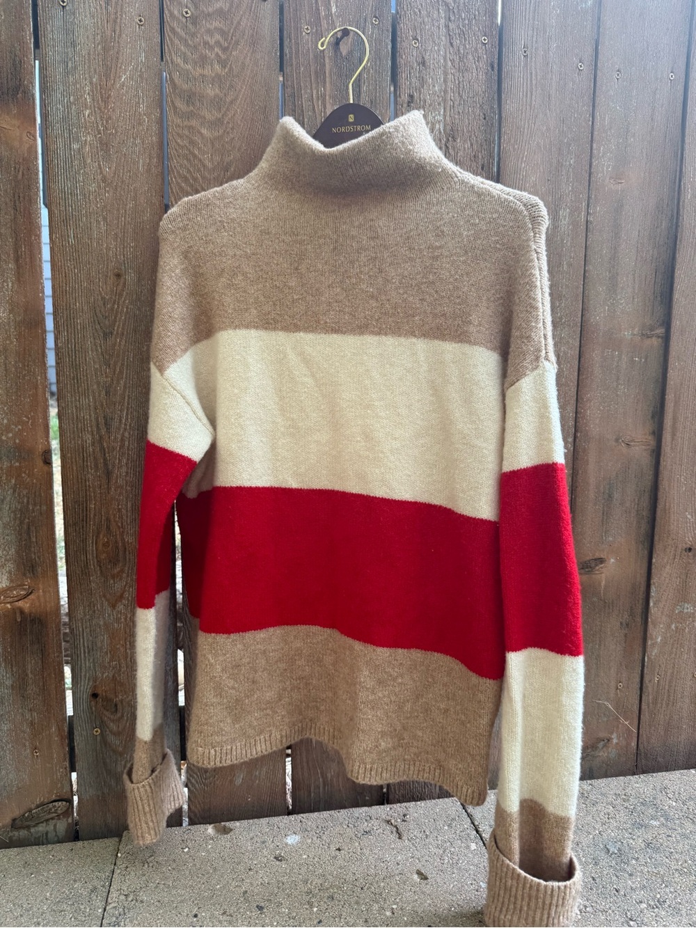 C&C Women’s Tan Cream Red Wide Striped Turtleneck Sweater Size Large